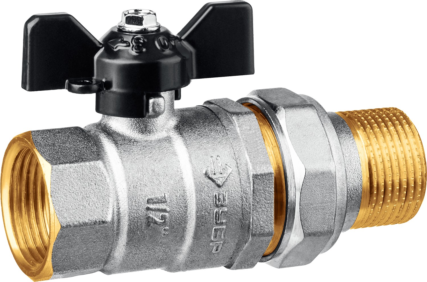 Кран шаровой ЗУБР полнопроходной с накидной гайкой ″мама-папа″, бабочка, никелированная латунь, 1/2″