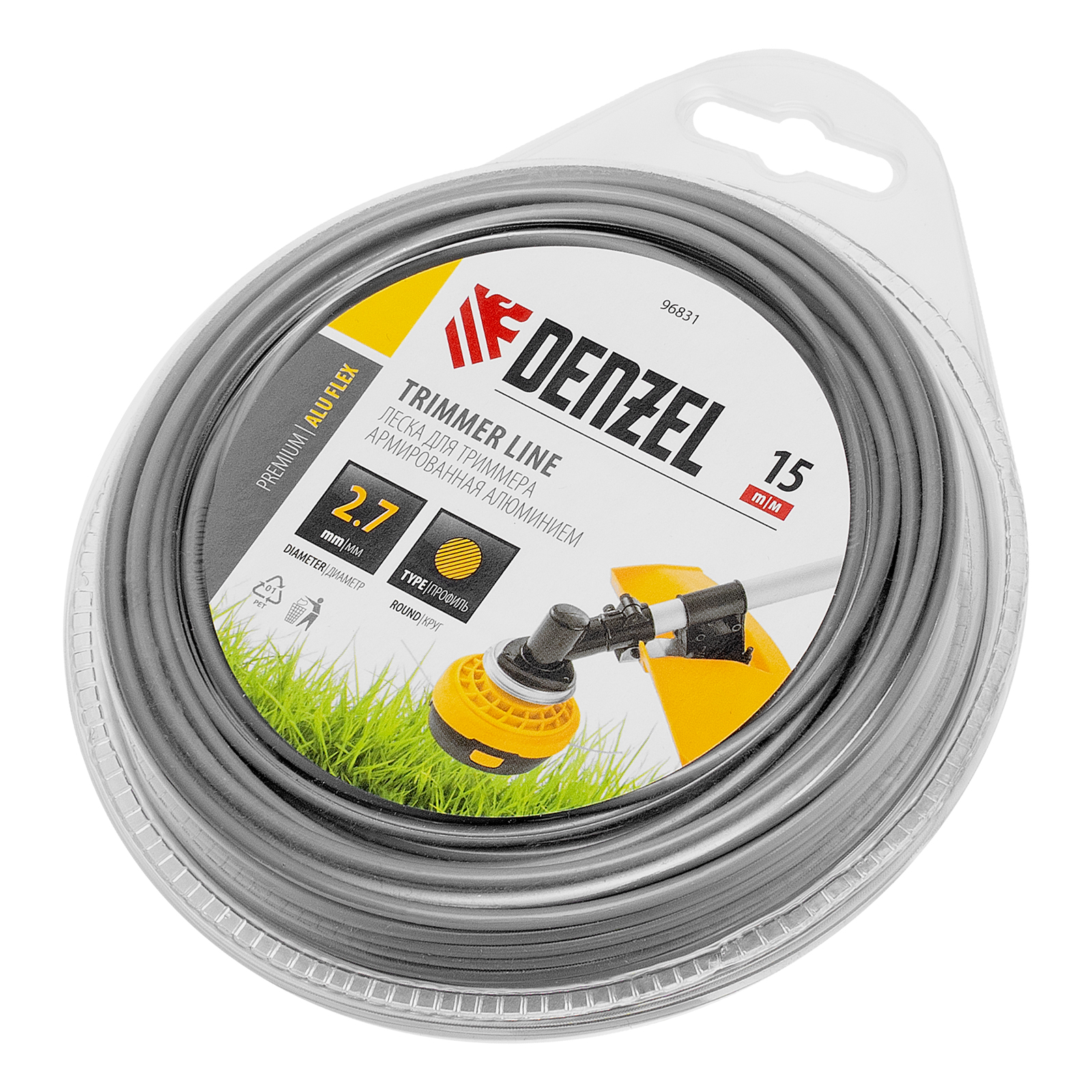 Леска для триммера армированная алюминием круглая, 2,7мм х 15м, блистер ALUFLEX Denzel
