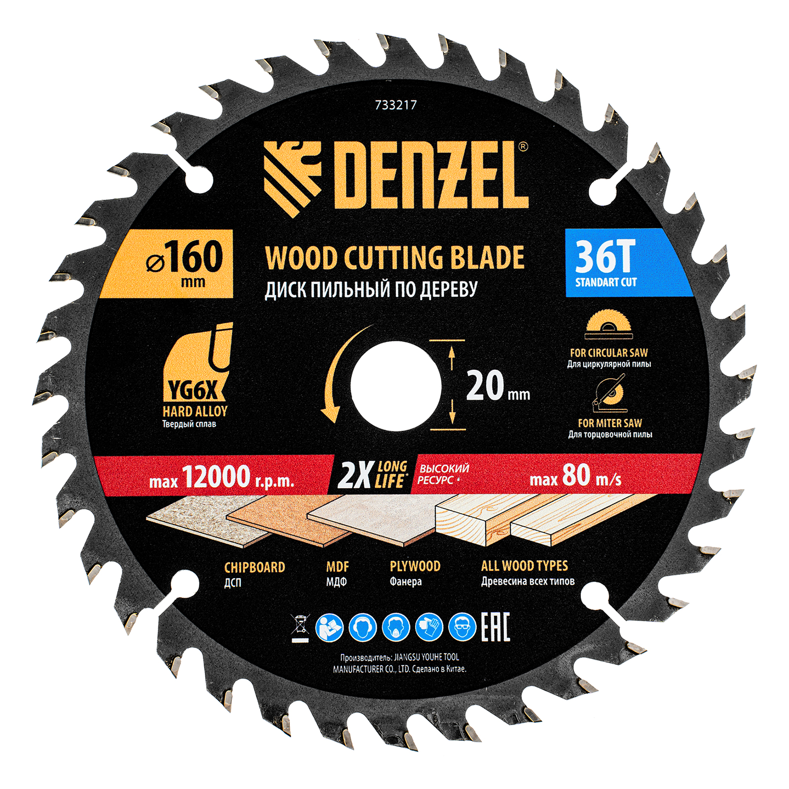 Пильный диск по дереву ф160 х 20 мм, 36 зубьев Denzel