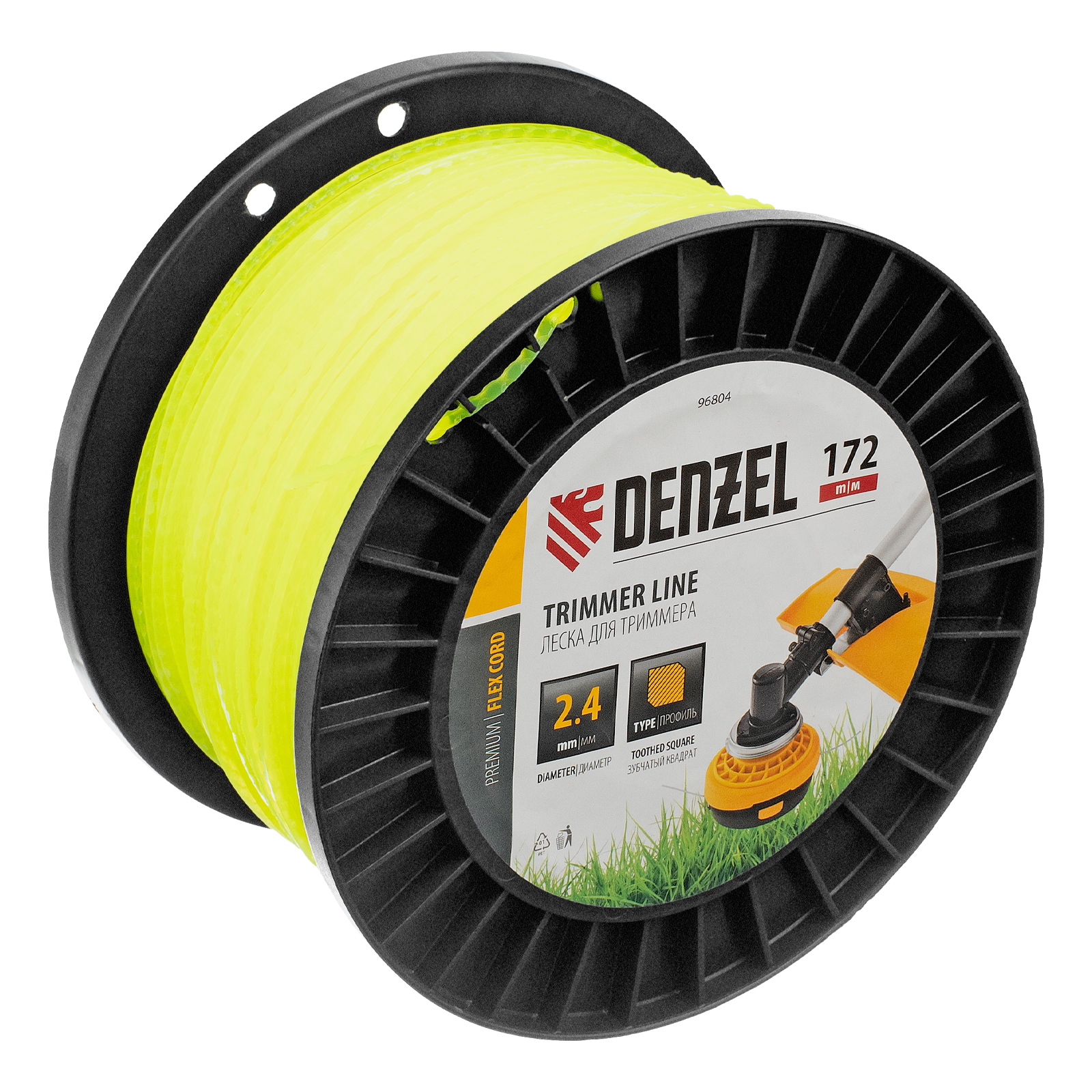 Леска для триммера зубчатый квадрат, 2,4мм х 172м, на DIN катушке FLEX CORD Denzel