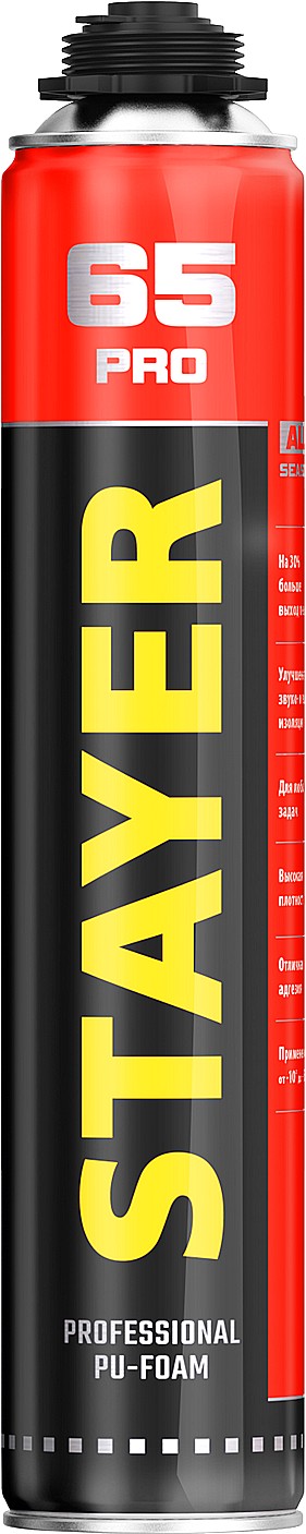 PRO 65 пена монтажная с увеличенным выходом, пистолетная, всесезонная, 800мл, STAYER 41137