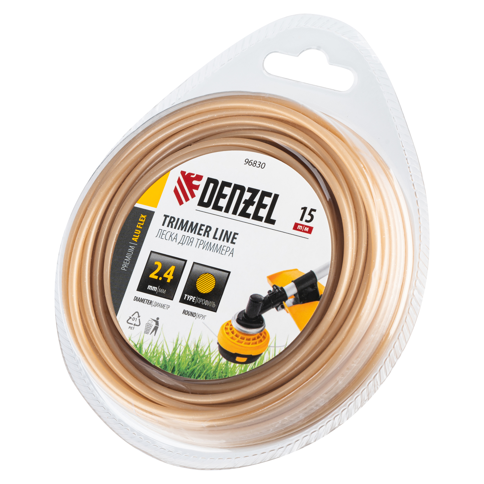 Леска для триммера армированная алюминием круглая, 2,4мм х 15м, блистер ALUFLEX Denzel