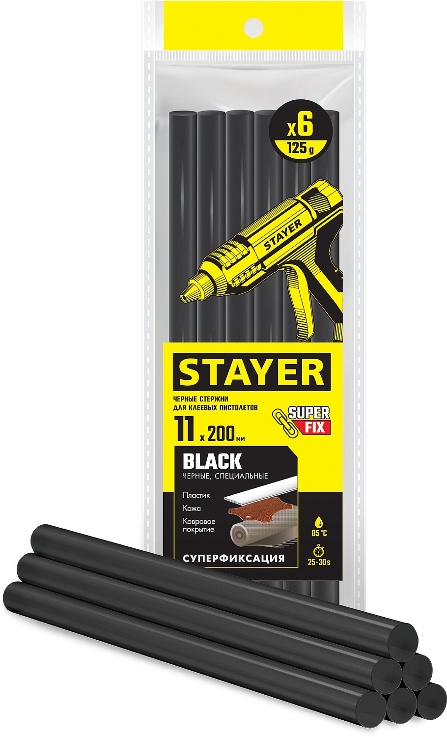 STAYER Black черные клеевые стержни, d 11 мм х 200 мм 6 шт. 125 г. 2-06821-D-S06