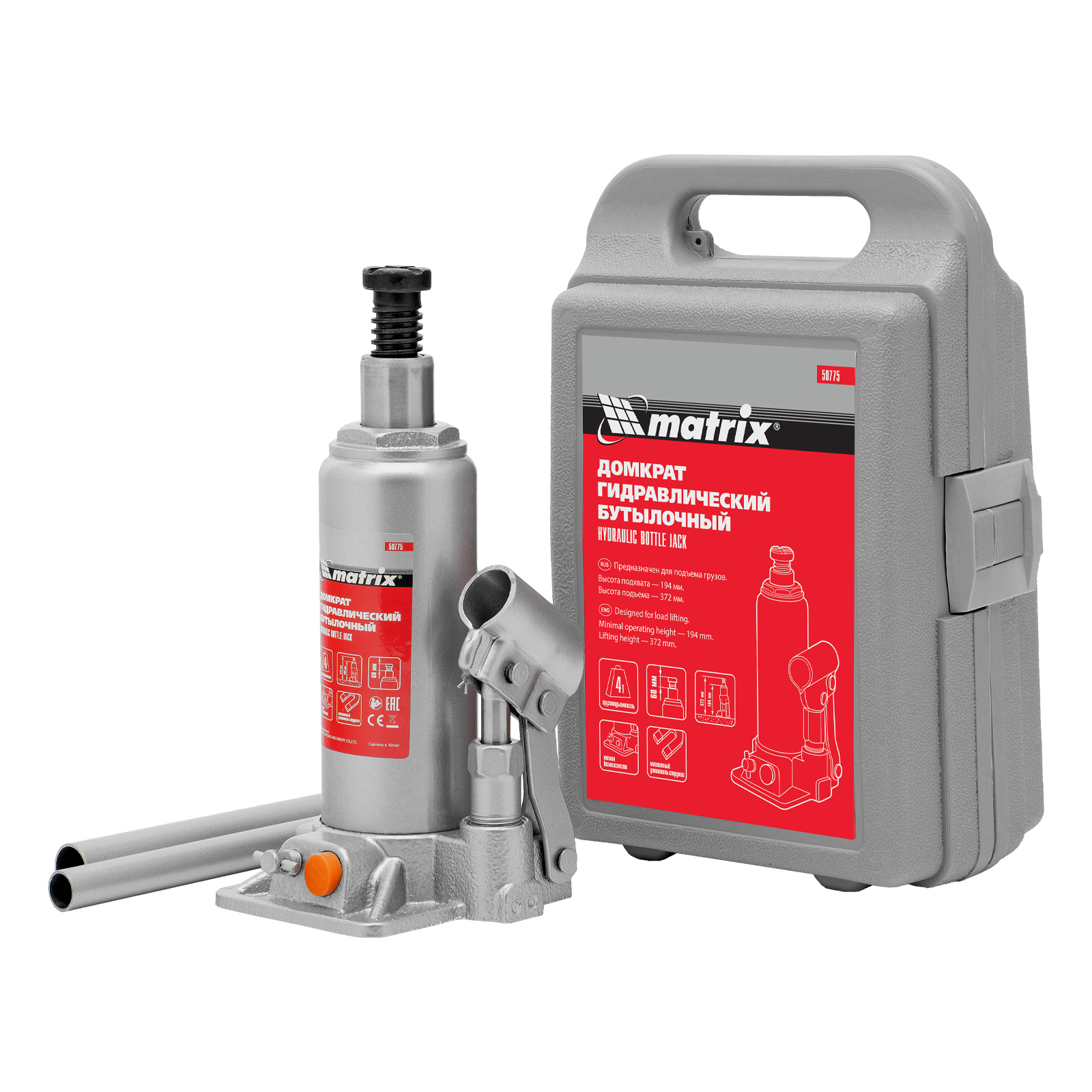 Домкрат гидравлический бутылочный, 4 т, h подъема 194-372 мм, в пластиковом кейсе Matrix