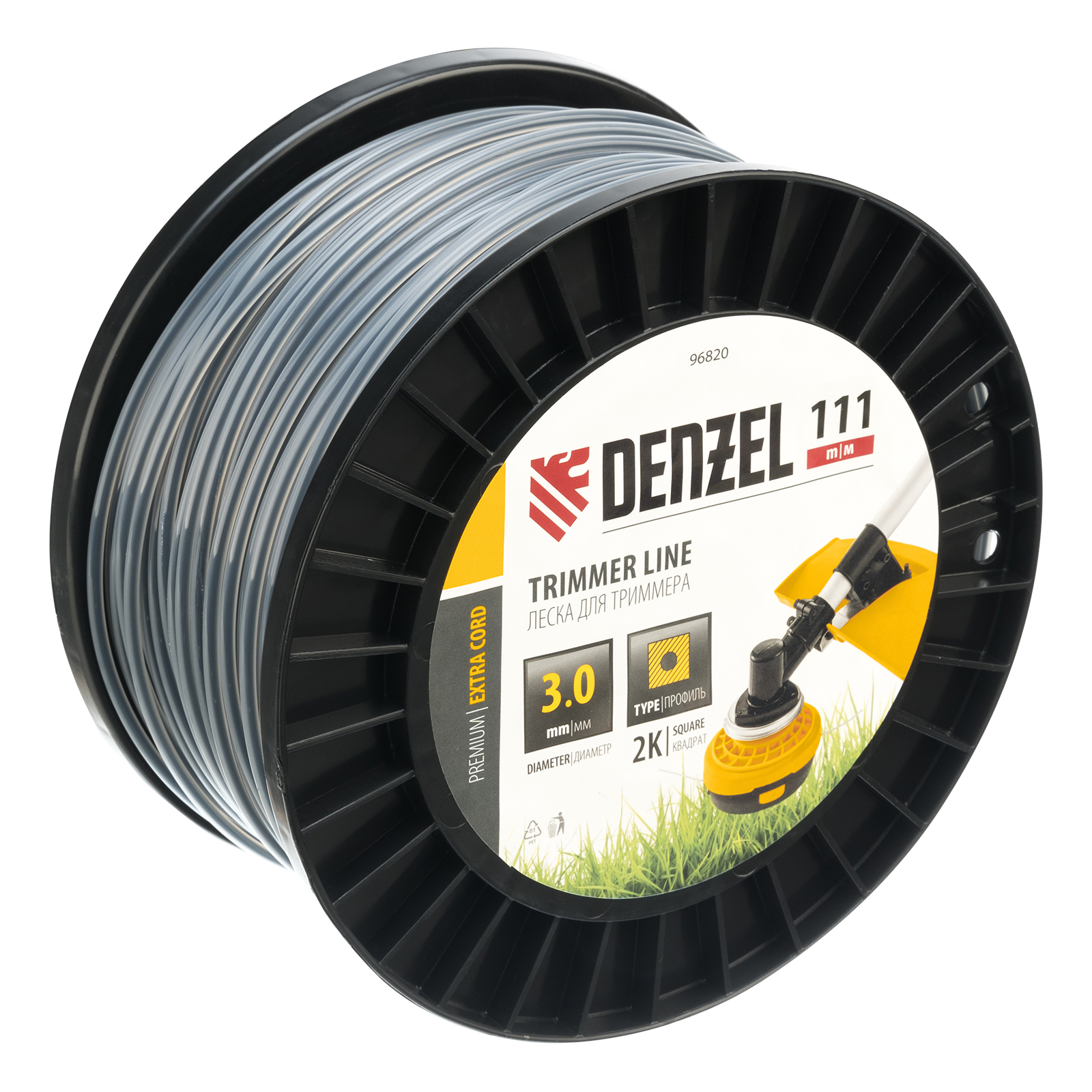 Леска для триммера двухкомпонентная квадрат, 3,0мм х 111м, на DIN катушке EXTRA CORD Denzel
