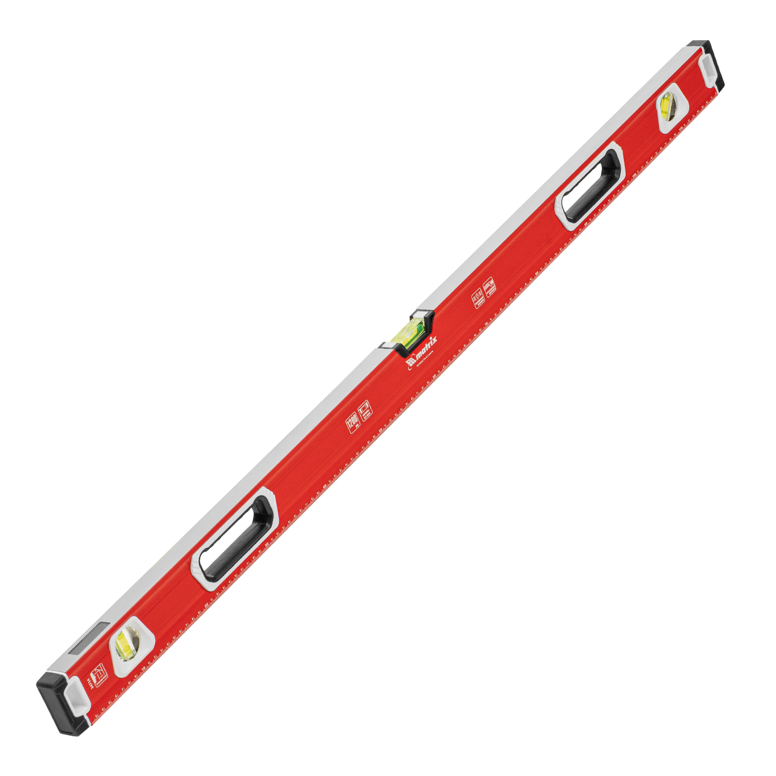 Уровень алюминиевый, магнит, фрезерованный, 3 глазка (1 зеркальный) двухкомпонентные рукоятки, 1200 мм Matrix