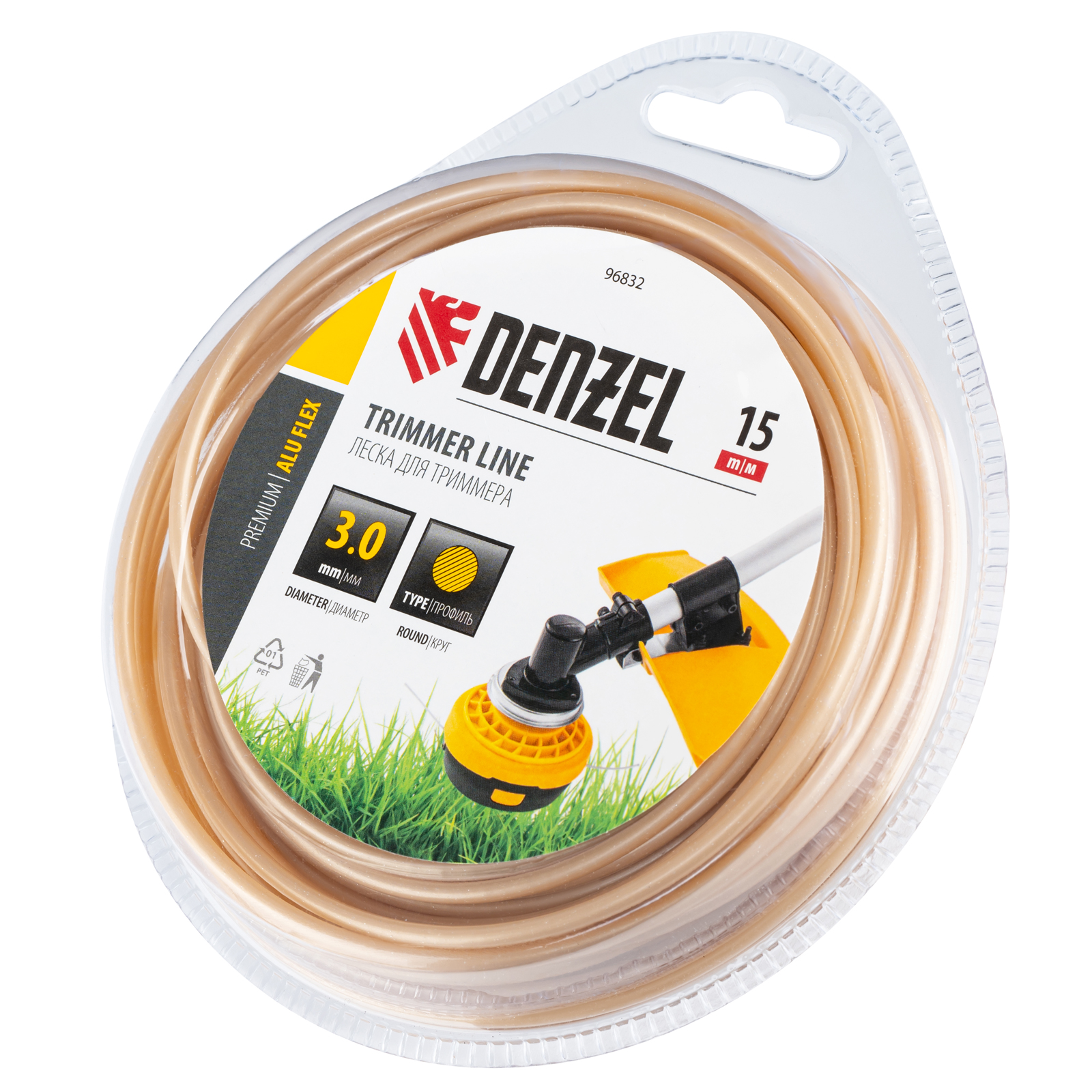 Леска для триммера армированная алюминием круглая, 3,0мм х 15м, блистер ALUFLEX Denzel