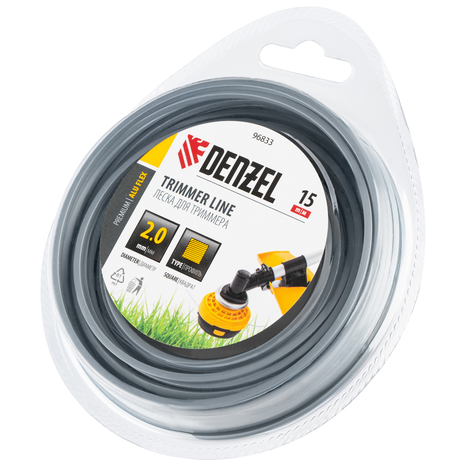 Леска для триммера армированная алюминием квадратная, 2,0мм х 15м, блистер ALUFLEX Denzel
