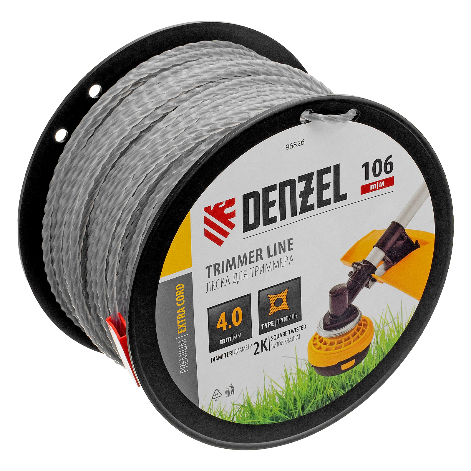Леска для триммера двухкомпонентная витой квадрат, 4,0мм х 106м, на DIN катушке EXTRA CORD Denzel