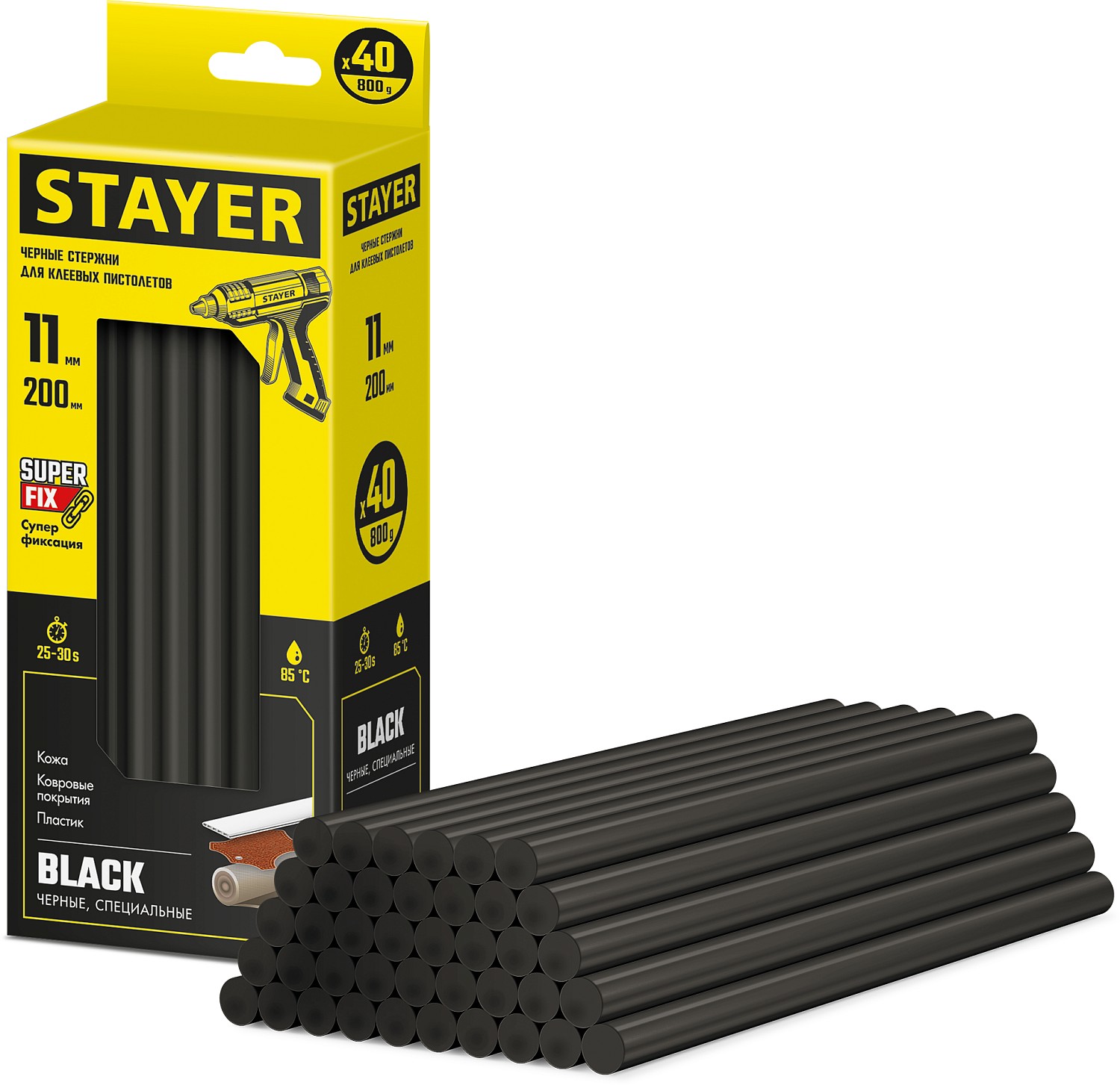 STAYER Black черные клеевые стержни, d 11 мм х 200 мм 40 шт. 0,8 кг. 2-06821-D-S40