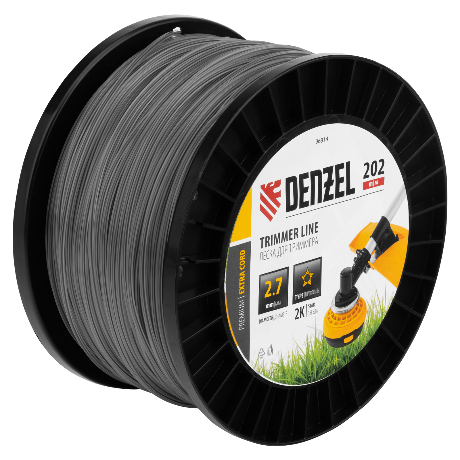 Леска для триммера двухкомпонентная звезда, 2,7мм х 202м, на DIN катушке EXTRA CORD Denzel