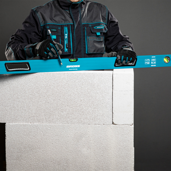 Уровень алюминиевый, 1500 мм, усиленный с ударопрочными заглушками, рукоятки, 3 глазка Gross цена