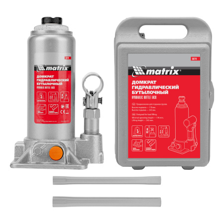 Домкрат гидравлический бутылочный, 3 т, h подъема 178-343 мм, в пластиковом кейсе Matrix цена