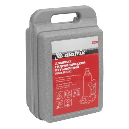 Домкрат гидравлический бутылочный, 5 т, h подъема 197-382 мм, в пластиковом кейсе Matrix цена