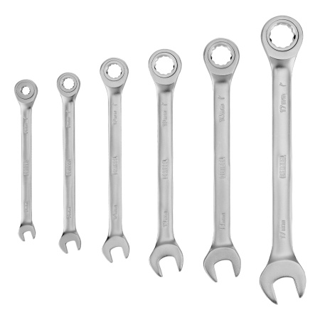 Набор ключей комбинированных трещоточных 6-17 мм, 6 шт., CrV, матовый хром Denzel