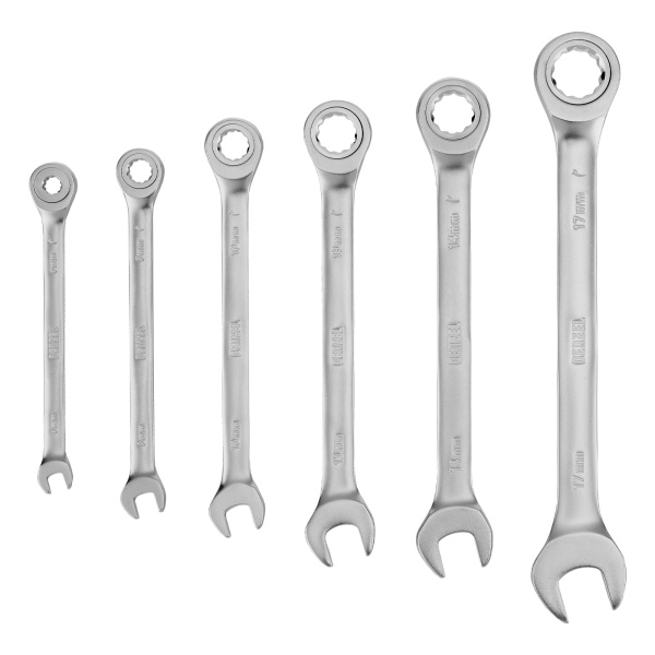 Набор ключей комбинированных трещоточных 6-17 мм, 6 шт., CrV, матовый хром Denzel