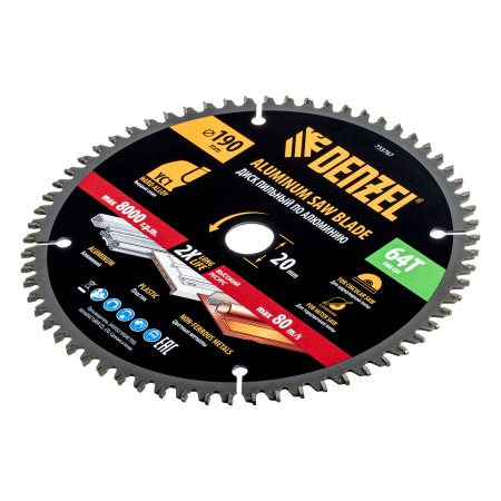 Пильный диск по алюминию ф190 х 20 мм, 64 зубьев Denzel