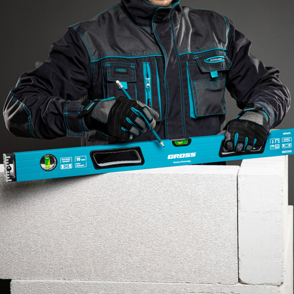 Уровень алюминиевый, 800 мм, усиленный с ударопрочными заглушками, рукоятки, 3 глазка Gross цена