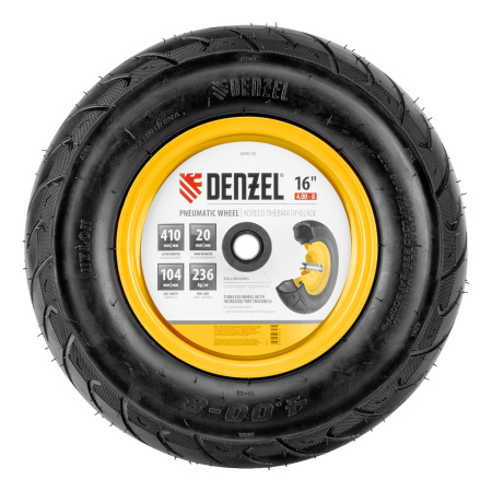 Колесо пневматическое бескамерное 16х4.00-8 D410мм, d20мм, длина оси 104мм Denzel цена