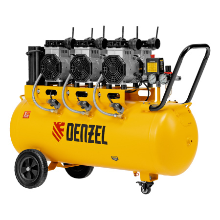 Компрессор безмасляный, малошумный DLS 3300/100, 3300 Вт,3x1100, 100 л, 570 л/мин ,блок управления Denzel