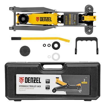 Домкрат гидравлический подкатной, 2 т, 135-385 мм, в пласт. кейсе Denzel цена