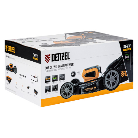 Газонокосилка аккумуляторная бесщеточная RLM450-36, Li-ion, 36 В, 4 Ач, 450 мм, травосборник 40 л Denzel цена