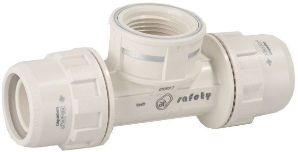 Тройник ЗУБР ″ШиреФит″ переходной ″штуцер с гайкой - внутренняя резьба - штуцер с гайкой″, 26мм-3/4″-26мм