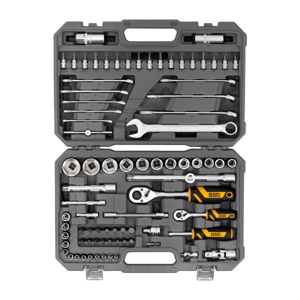 Набор инструментов, 1/2", 1/4", CrV, S2, пластиковый кейс, 82 предмета Denzel