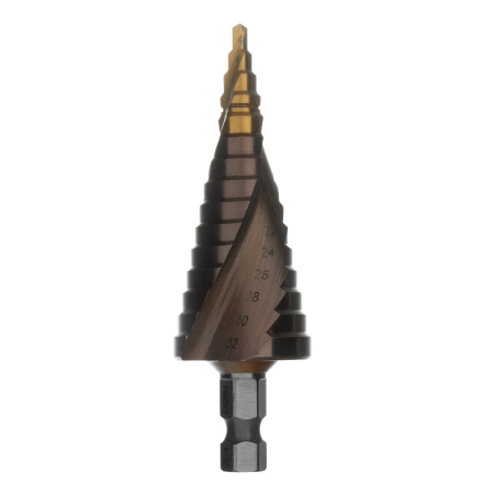 Сверло ступенчатое, 4-6-8-10-12-14-16-18-20-22-24-26-28-30-32 мм, Р6М5К5, 6-гр. хвостовик Denzel