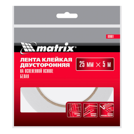 Лента клейкая на вспененной основе, двусторонняя белая 25 мм х 5 м Matrix цена