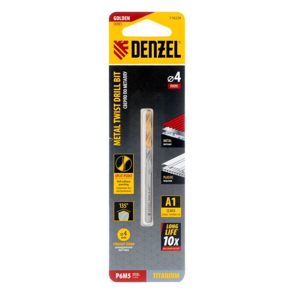 Сверло спиральное по металлу 4 x 75 мм, Р6М5, Golden Tip  Denzel