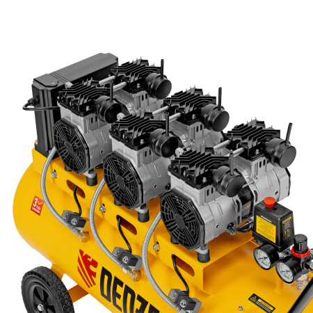 Компрессор безмасляный, малошумный DLS 3300/100, 3300 Вт,3x1100, 100 л, 570 л/мин ,блок управления Denzel