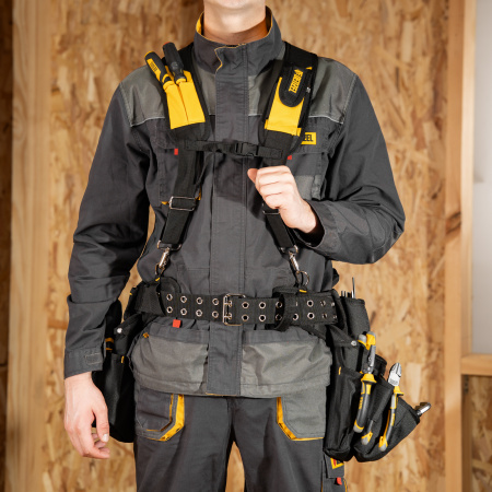 Пояс монтажника усиленный, с лямками, сумки поясные, держатель для молотка Denzel цена
