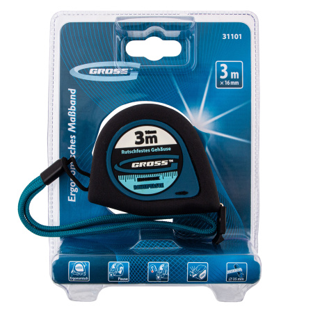 Рулетка "Ergonomisch",3 м x 16 мм,магнитный обрезиненный зацеп Gross цена