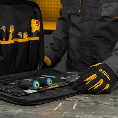 Сумка для инструмента, 400х170х300 мм, 3 отделения, 28 карманов, наплечный ремень Denzel цена