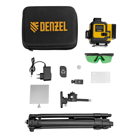 Лазерный уровень мультипризменный DLV 360-4T, 30 м, зеленый луч, Li-Ion 2,4 Aч, штатив// Denzel цена