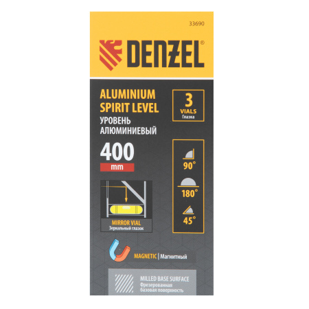 Уровень алюминиевый, магнит., фрезерованный, 3 глазка (1 зеркал.) 0,5 мм/м, 400 мм Denzel цена