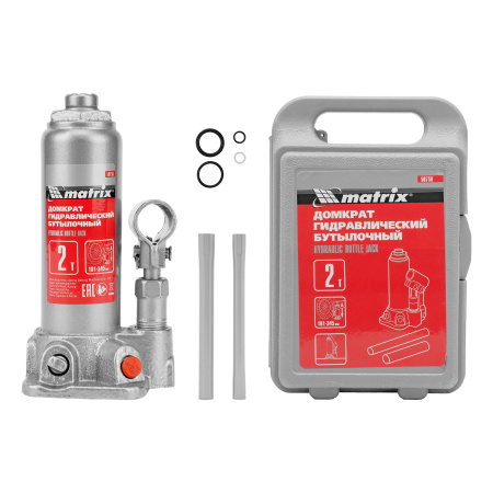 Домкрат гидравлический бутылочный, 2 т, высота подъема 181-345 мм, в пластиковый кейсе Matrix цена