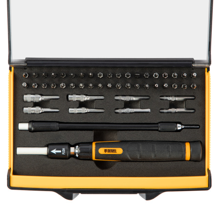 Отвертка с набором бит и торцевых головок для точных работ, гибкий привод, 48 шт, CrMo Denzel