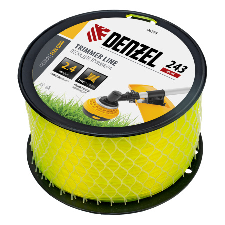 Леска для триммера витой квадрат, 2,4мм х 243м, на DIN катушке FLEX CORD Denzel цена
