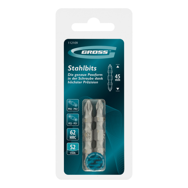 Набор бит двухстор., PH2-PH2х45мм, PZ2-PZ1х45мм, сталь S2, 2 шт. Gross