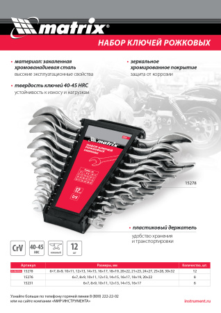 Набор ключей рожковых, 6 х 32 мм, 12 шт., CrV, хромированные Matrix