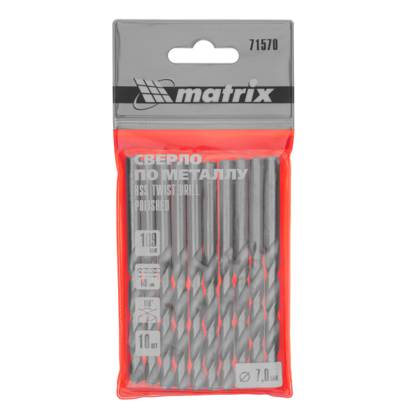 Сверло по металлу, 7 мм, полированное, HSS, 10 шт, цилиндрический хвостовик Matrix
