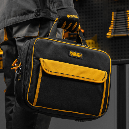 Сумка для инструмента, 400х170х300 мм, 3 отделения, 28 карманов, наплечный ремень Denzel цена