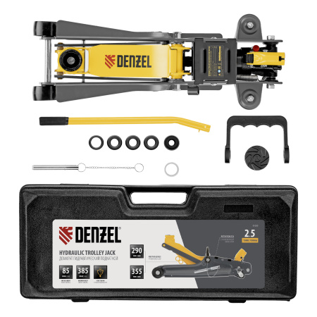 Домкрат гидравлический подкатной с фиксатором, 2,5 т,  85-385 мм, в пласт. кейсе Denzel цена