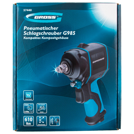 Гайковерт пневматический ударный G985, 1/2, Twin Hammer, 610 Нм, 9000 об/мин, композитный Gross цена