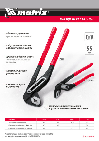 Клещи переставные 300 мм, хром-ванадий, обливные рукоятки Matrix