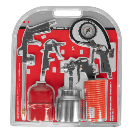 Набор пневмоинструмента, 5 предметов, быстросъемное соединение, краскораспылитель с нижним бачком Matrix цена