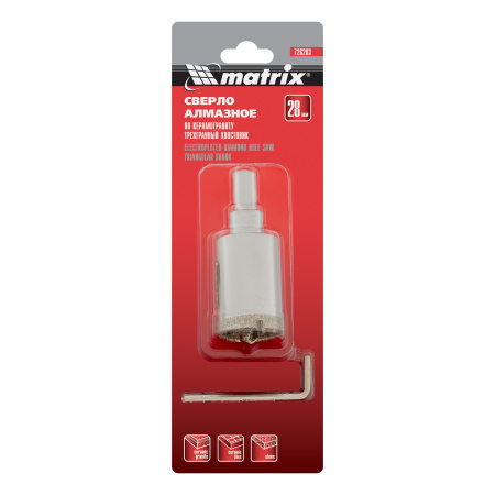 Сверло алмазное по керамограниту, 28 х 67 мм, трехгранный хвостовик Matrix
