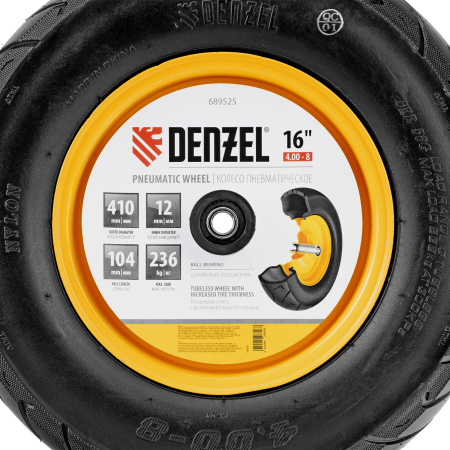 Колесо пневматическое бескамерное 16х4.00-8 D410мм, d20мм, длина оси 104мм Denzel цена